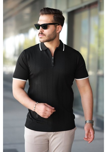 Erkek Fermuar Yakalı Çizgi Dokulu Kısa Kollu Tişört