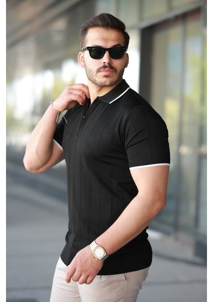 Erkek Fermuar Yakalı Çizgi Dokulu Kısa Kollu Tişört fiyatları