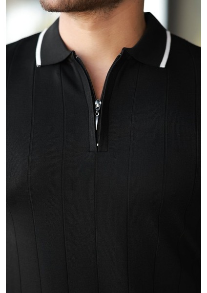 Erkek Fermuar Yakalı Çizgi Dokulu Kısa Kollu Tişört modelleri