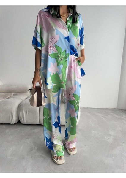 Yeşil Büyük Çiçek Desen Saten Gömlek-Pantolon Takım - Yeşil fiyatları