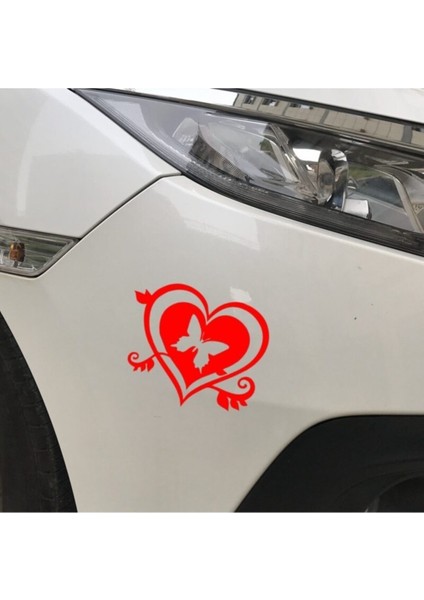 Kelebek ve Kalp Tasarım Oto Özel Yeni Sticker Kırmızı 15*15 cm