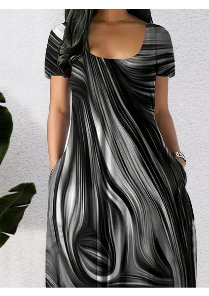 Kadın Kısa Kollu Yuvarlak Yaka Cepli Salaş Baskılı Süprem Elbise modelleri