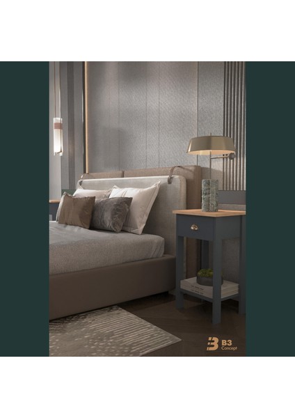 B3CONCEPT Retro Serisi Özel Tasarım Tek Çekmeceli Yatak Yanı Komodin Safir Meşe - Antrasit