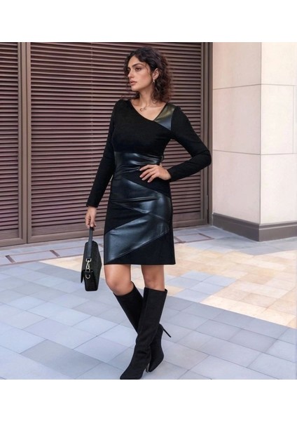 Kadın Uzun Kollu Asimetrik Yaka Süet ve Deri Mini Boy Elbise fiyatları