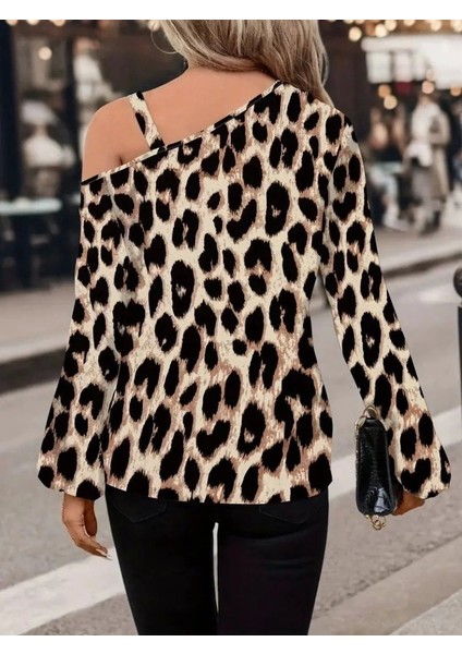 Kadın Uzun Kollu Tek Omuzu Açık Tokalı Leopar Desenli Modal Bluz indirimleri