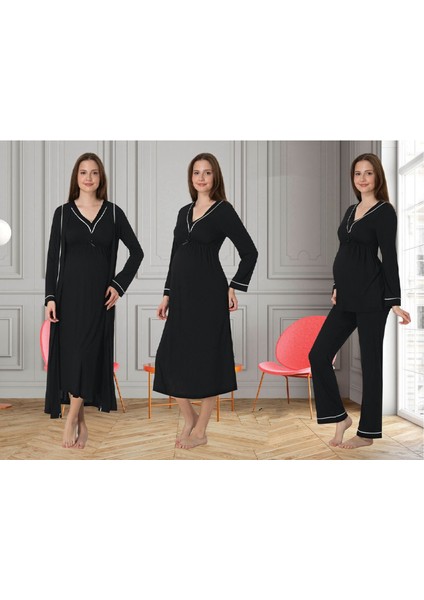 Dvina Effortt Lohusa 4'lü Set - Sabahlık/pijama Takımı/gecelik Siyah - 4056