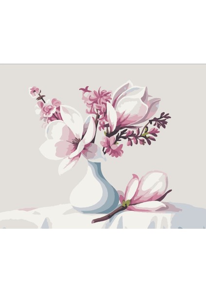 Sayılarla Boyama Seti 40X50 cm (Çıtalı) Fırça Boya Dahil Numaralı Tuval Beyaz Vazo Beyaz Pembe Lale