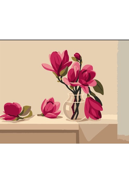 Sayılarla Boyama Seti 40X50 cm (Çıtalı) Fırça Boya Dahil Numaralı Tuval Cam Vazo Pembe Lale