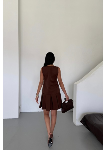 Yelek - Pileli Etek Görünümlü Elbise - Kahverengi fırsatları