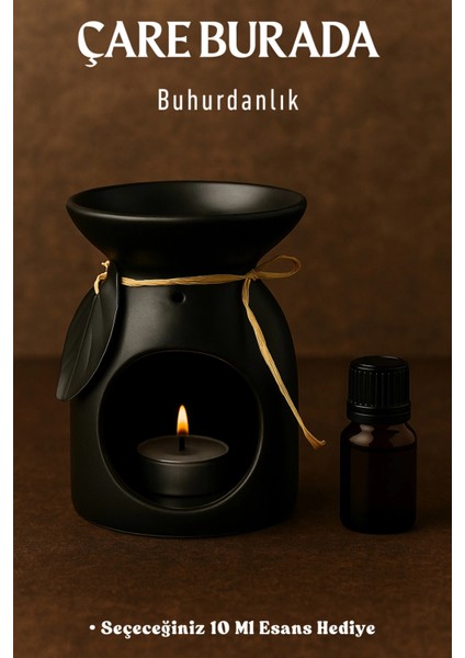 Siyah Renk Yapraklı Buhurdanlık (Seçeceğiniz 10 ml Esans Hediye)