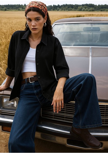 Kadın Rahat Kalıp Siyah Jean Gömlek