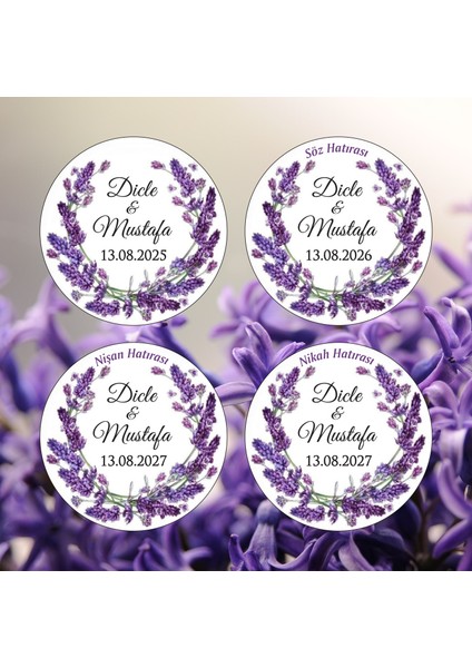 Söz Nişan Kına Nikah Düğün Etiketi Mor Sümbül Çiçekli Yuvarlak Yapışkanlı Etiket (İsme Özel) 3,5 cm 95 Adet