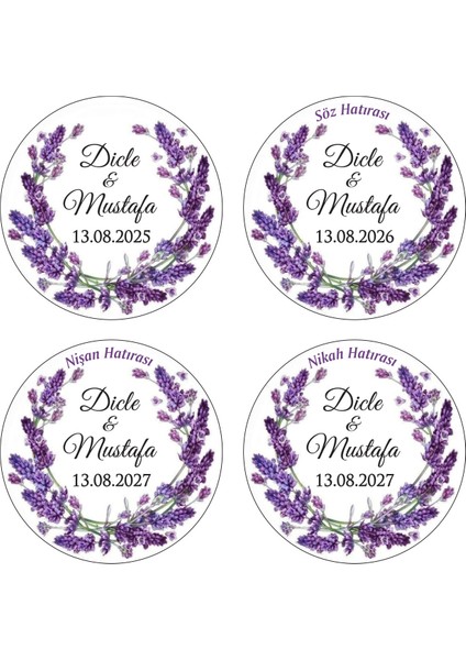 Söz Nişan Kına Nikah Düğün Etiketi Mor Sümbül Çiçekli Yuvarlak Yapışkanlı Etiket (İsme Özel) 3,5 cm 95 Adet fiyatları