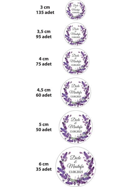 Söz Nişan Kına Nikah Düğün Etiketi Mor Sümbül Çiçekli Yuvarlak Yapışkanlı Etiket (İsme Özel) 3,5 cm 95 Adet modelleri