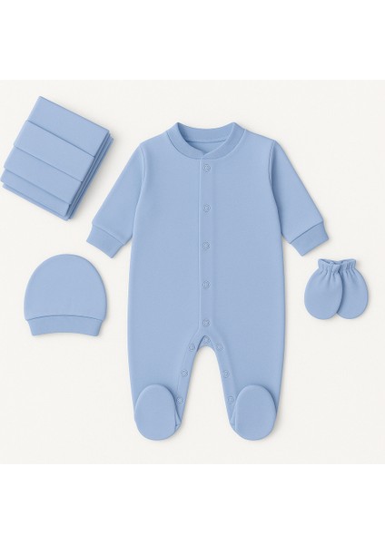 %100 Pamuk 0-9 Ay Erkek Uzun Kollu Şapka ve Eldivenli Bebek Tulum
