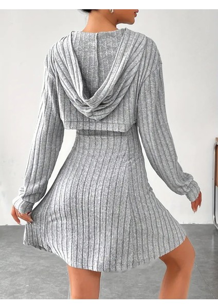 Kadın Uzun Kollu Kapüşonlu Ceket Üst ve Askısız Kare Yaka A Kesim Şardonlu Kaşkorse Elbise indirimleri