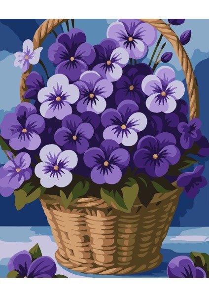 Sayılarla Boyama Seti 40X50 cm (Çıtalı) Fırça Boya Dahil Numaralı Tuval Sepet Mor Çiçekler