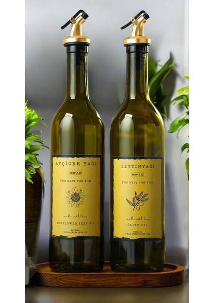 Ahşap Stantlı Amber 2 Adet Gold Tıpalı Gold Etiketli 750 ml Zeytinyağı Ayçiçek Yağı Sıvı Yağ Şişesi