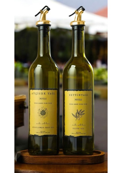 Ahşap Stantlı Amber 2 Adet Gold Tıpalı Gold Etiketli 750 ml Zeytinyağı Ayçiçek Yağı Sıvı Yağ Şişesi fiyatları