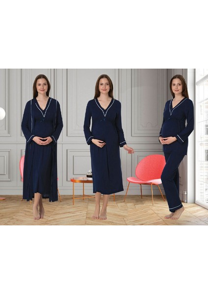 Dvina Effortt Lohusa 4'lü Set - Sabahlık/pijama Takımı/gecelik Lacivert - 4056