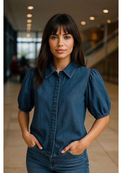 Kadın Balon Kollu %100 Pamuk Mavi Jean Gömlek