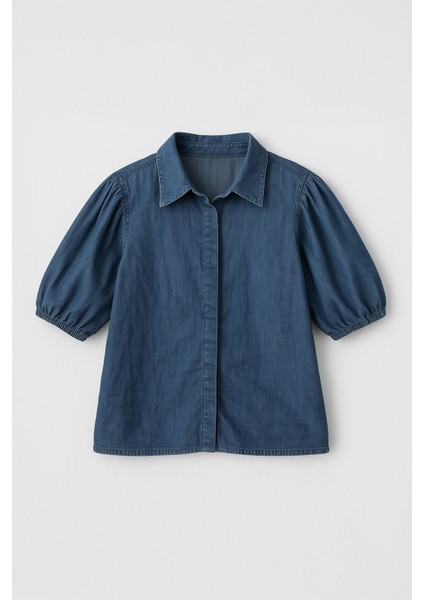 Kadın Balon Kollu %100 Pamuk Mavi Jean Gömlek fiyatları