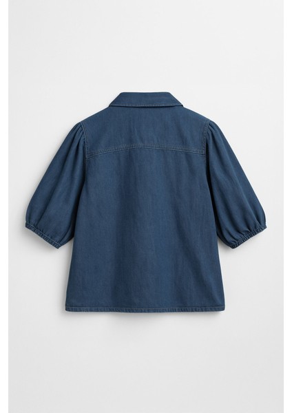 Kadın Balon Kollu %100 Pamuk Mavi Jean Gömlek modelleri