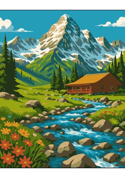 Sayılarla Boyama Seti 40X50 cm (Çıtalı) Fırça Boya Dahil Numaralı Tuval Şelale Manzara