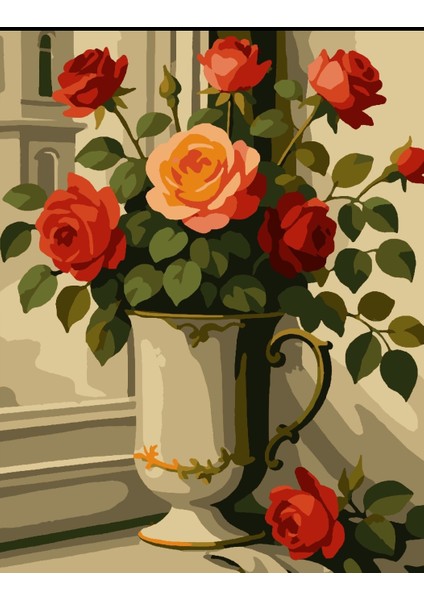 Sayılarla Boyama Seti 40X50 cm (Çıtalı) Fırça Boya Dahil Numaralı Tuval Kurplu Saksı Kırmızı Gül