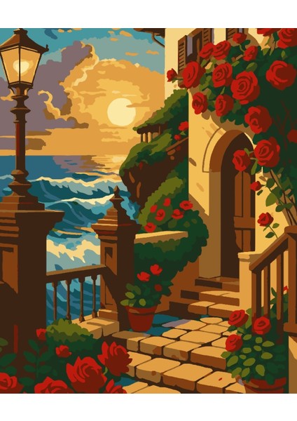 Sayılarla Boyama Seti 40X50 cm (Çıtalı) Fırça Boya Dahil Numaralı Tuval Kırmızı Gül Bina Manzara