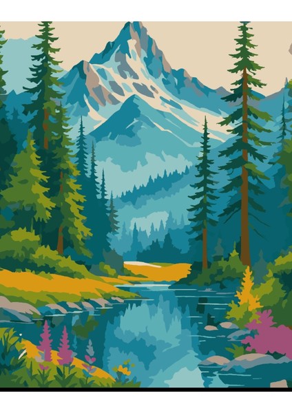 Sayılarla Boyama Seti 40X50 cm (Çıtalı) Fırça Boya Dahil Numaralı Tuval Nehir Dağ Manzara