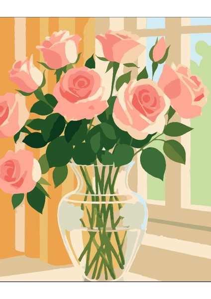 Sayılarla Boyama Seti 40X50 cm (Çıtalı) Fırça Boya Dahil Numaralı Tuval Cam Vazo Pembe Gül