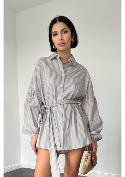 Kahverengi Çizgili Poplin Kuşaklı Gömlek