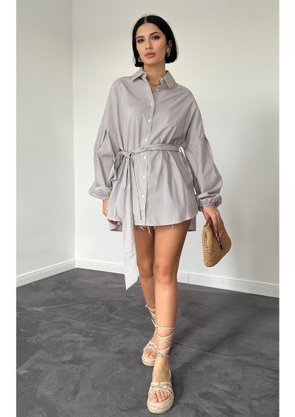 Kahverengi Çizgili Poplin Kuşaklı Gömlek modelleri