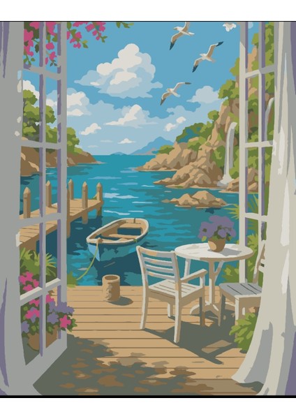 Sayılarla Boyama Seti 40X50 cm (Çıtalı) Fırça Boya Dahil Numaralı Tuval Cam Manzaralı