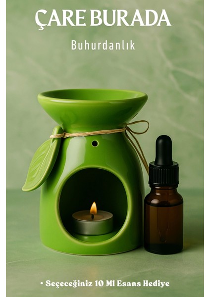 Yeşil Renk Yapraklı Buhurdanlık (Seçeceğiniz 10 ml Esans Hediye)