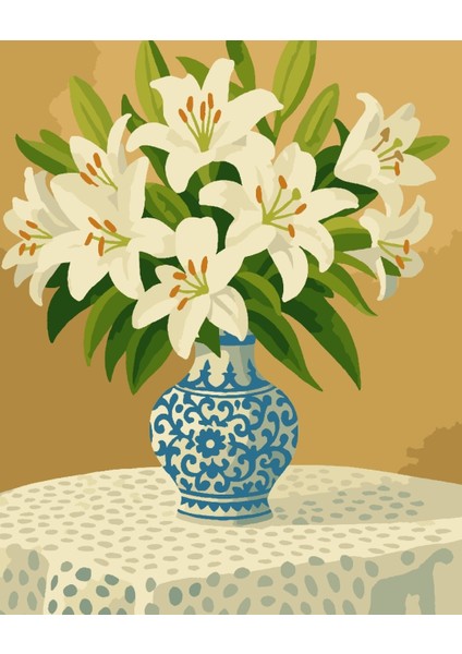 Sayılarla Boyama Seti 40X50 cm (Çıtalı) Fırça Boya Dahil Numaralı Tuval Çini Vazo Beyaz Sümbül