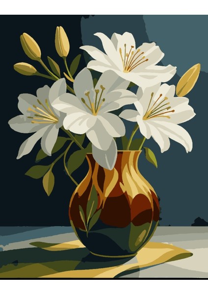 Sayılarla Boyama Seti 40X50 cm (Çıtalı) Fırça Boya Dahil Numaralı Tuval Renkli Vazo Beyaz Çiçek