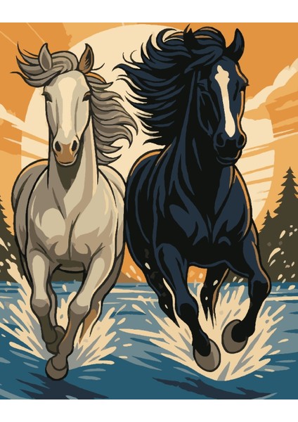 Sayılarla Boyama Seti 40X50 cm (Çıtalı) Fırça Boya Dahil Numaralı Tuval Beyaz ve Siyah At