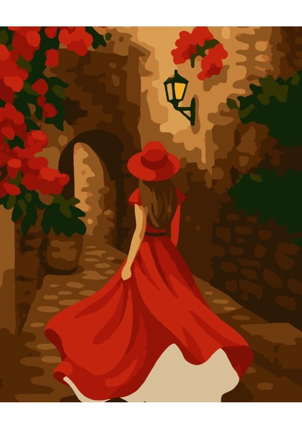 Sayılarla Boyama Seti 40X50 cm (Çıtalı) Fırça Boya Dahil Numaralı Tuval Kırmızı Elbiseli Kız