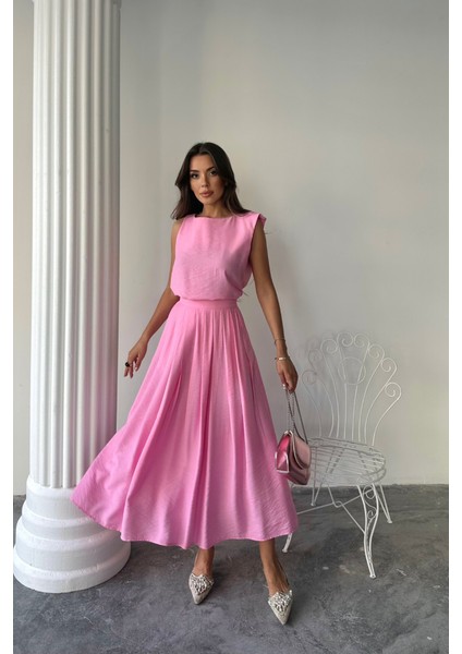 Keten Kolsuz Bluz - Maxi Etek Takım - Pembe