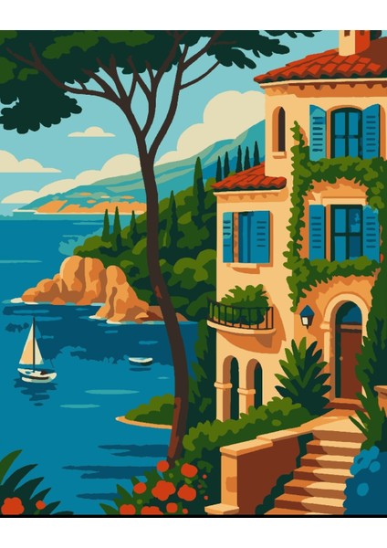 Sayılarla Boyama Seti 40X50 cm (Çıtalı) Fırça Boya Dahil Numaralı Tuval Kayık Manzaralı