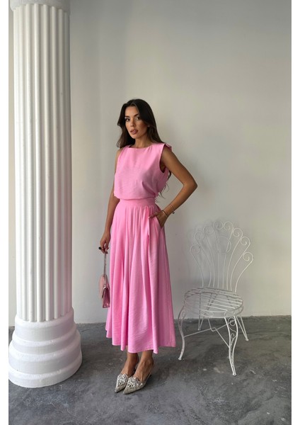 Keten Kolsuz Bluz - Maxi Etek Takım - Pembe fırsatları