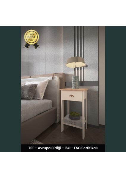 Retro Serisi Özel Tasarım Tek Çekmeceli Yatak Yanı Komodin Safir Meşe - Bej
