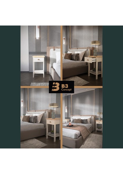 Retro Serisi Özel Tasarım Tek Çekmeceli Yatak Yanı Komodin Safir Meşe - Bej fiyatları