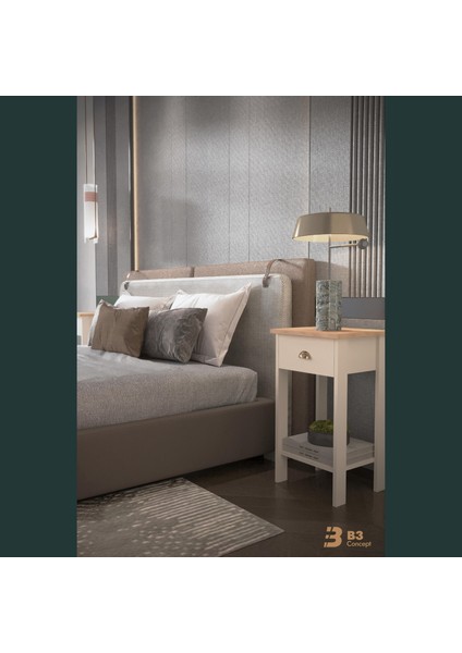 Retro Serisi Özel Tasarım Tek Çekmeceli Yatak Yanı Komodin Safir Meşe - Bej