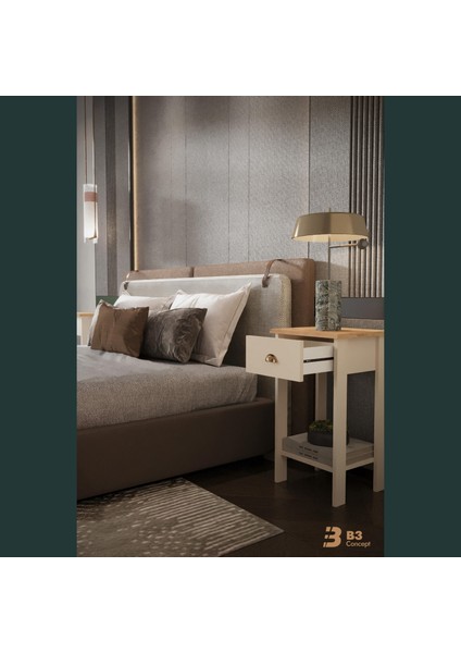 Retro Serisi Özel Tasarım Tek Çekmeceli Yatak Yanı Komodin Safir Meşe - Bej