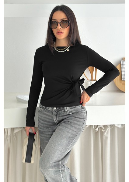 Kadın Belden Bağlamalı Uzun Kollu Bluz – Minimal & Şehirli Stil