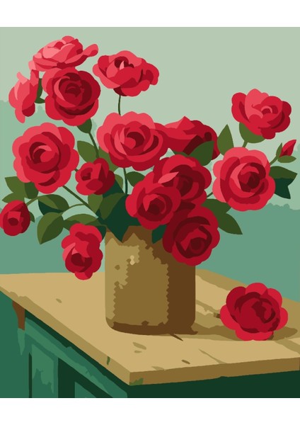 Sayılarla Boyama Seti 40X50 cm (Çıtalı) Fırça Boya Dahil Numaralı Tuval Toprak Vazo Kırmızı Gül