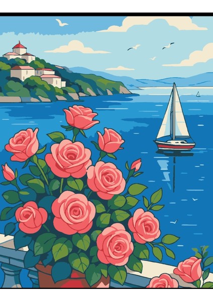 Sayılarla Boyama Seti 40X50 cm (Çıtalı) Fırça Boya Dahil Numaralı Tuval Balkon Yelken Manzara
